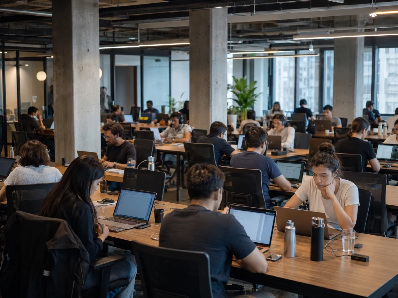 A wide coworking floor in the afternoon, every desk taken, laptops open.