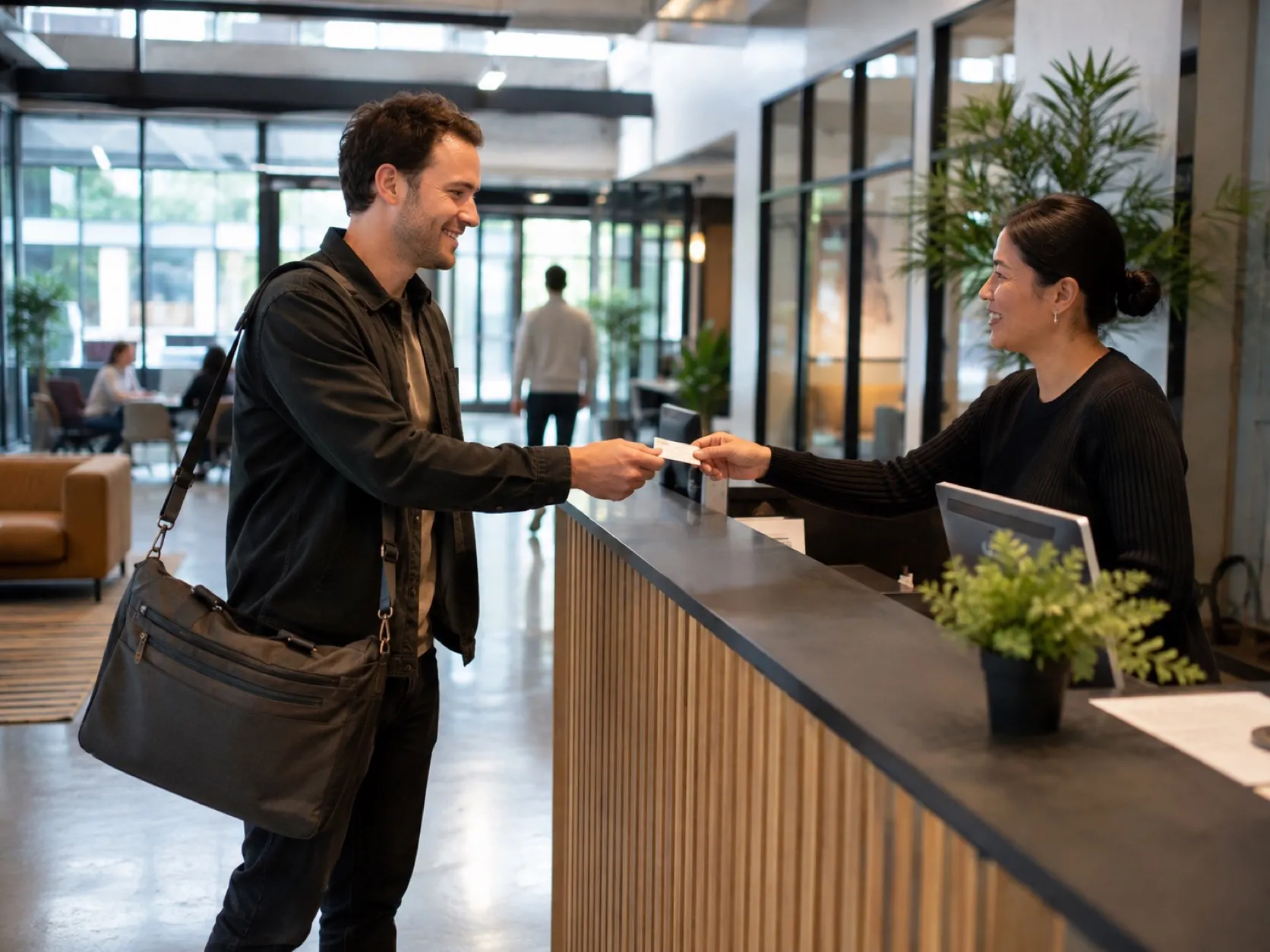 A visitor at the front desk collecting a day pass, laptop bag over one shoulder.