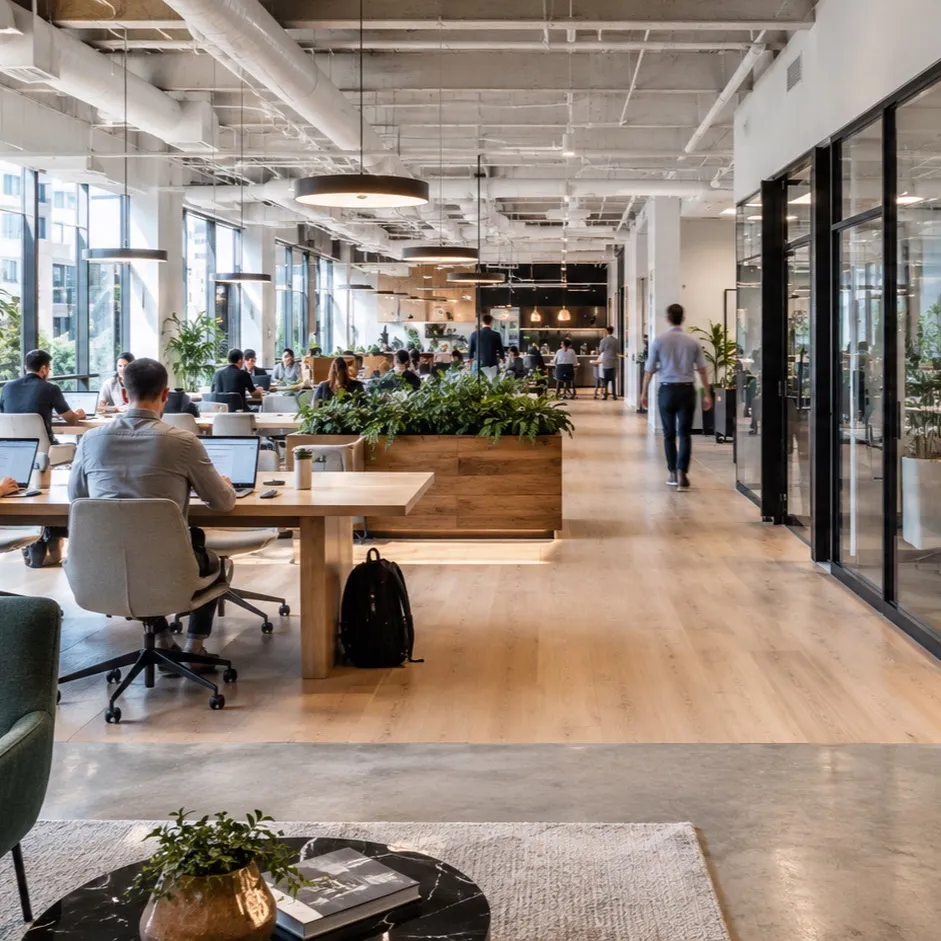 A bright coworking floor seen from the entrance, members at desks, glass meeting rooms along one side.