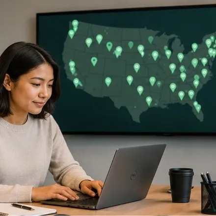 An operations lead at a desk, wall screen behind showing a map of pinned locations, all green.