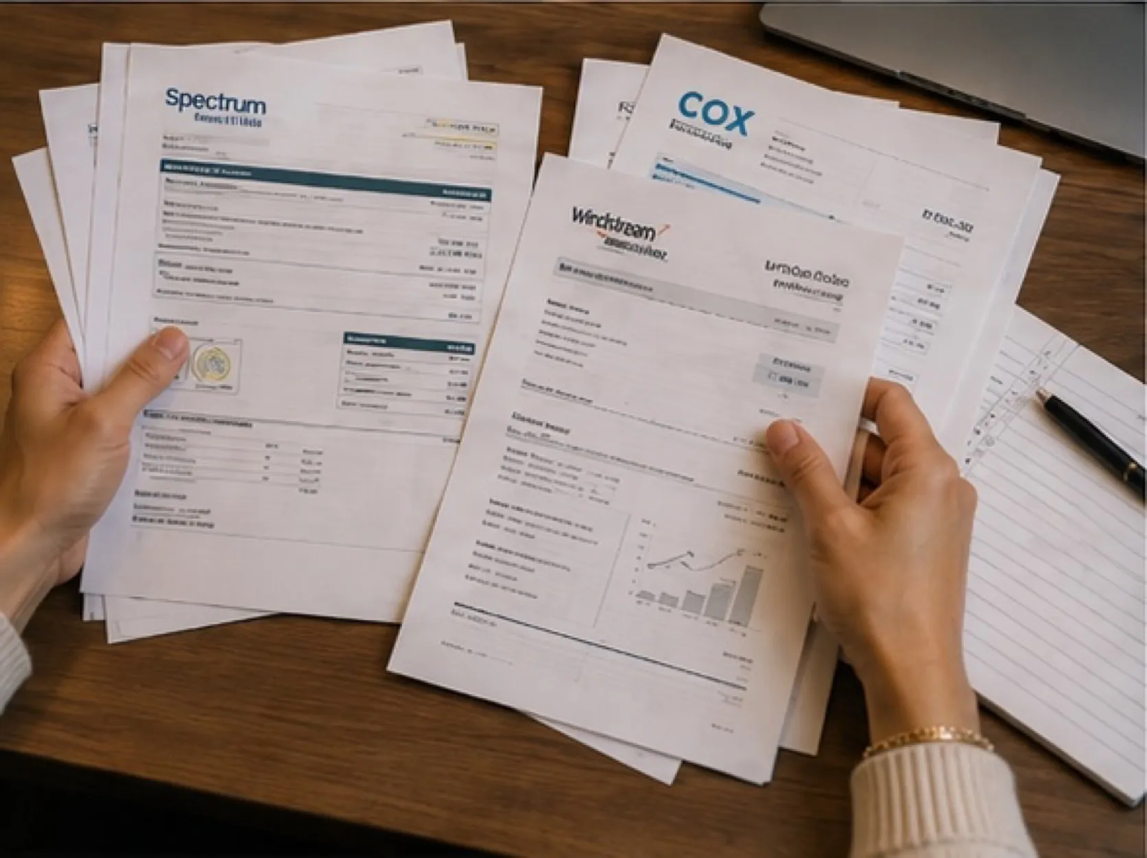 A desk spread of mismatched ISP bills and account letters from different providers.