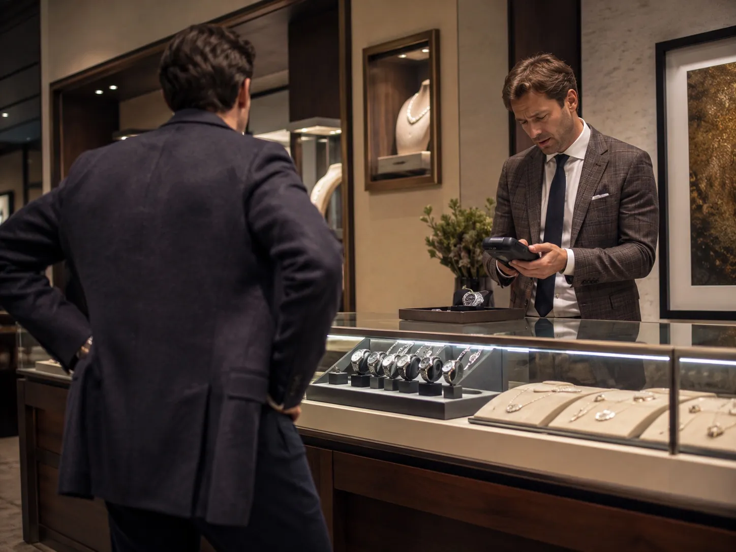 A high-end retail counter where a card transaction is failing.