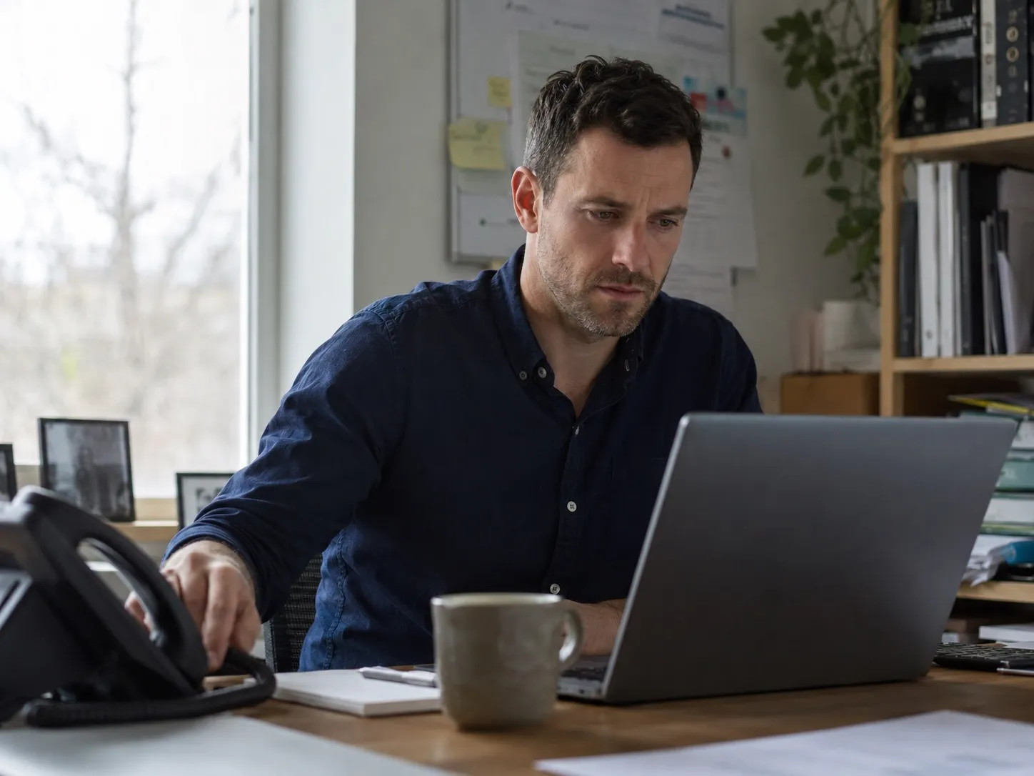 A manager at a desk looking at a dashboard with a red status indicator.