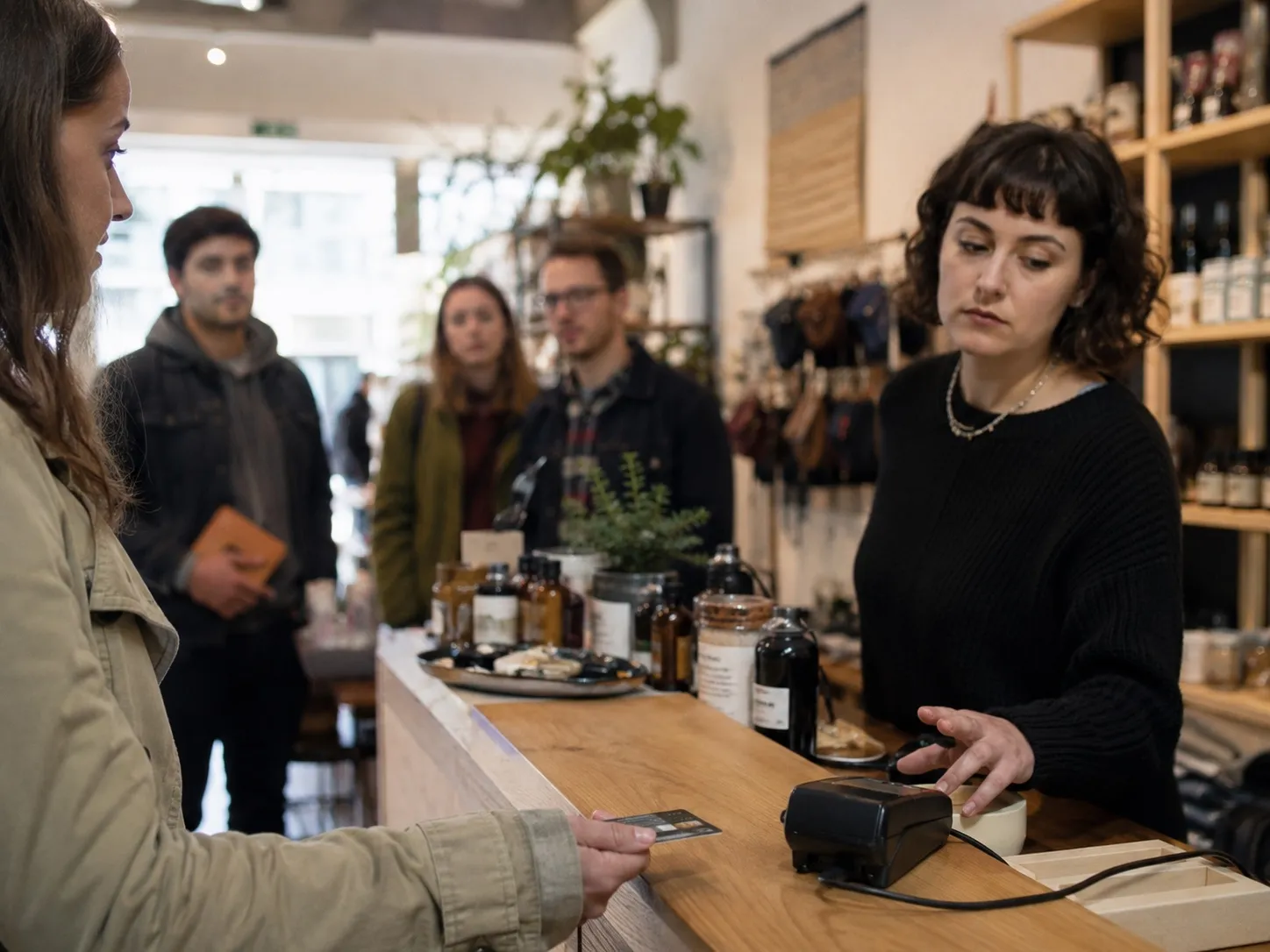 A small boutique counter mid-transaction during a card reader timeout.