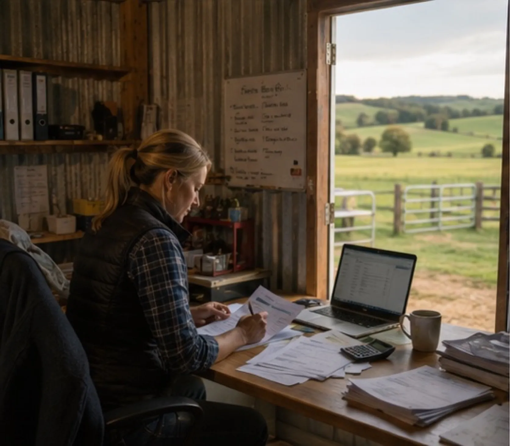A farm office in an outbuilding, invoices and a laptop on the desk, fields through the door.