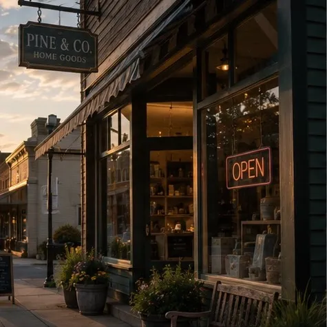 A small-town main street storefront at golden hour, open sign lit, wide sky behind.