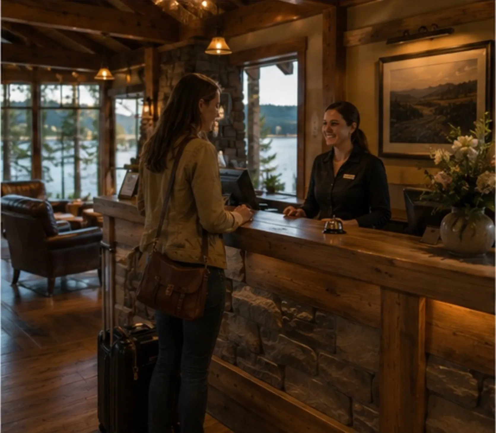 A lakeside lodge front desk, guest checking in with bags, warm timber interior.