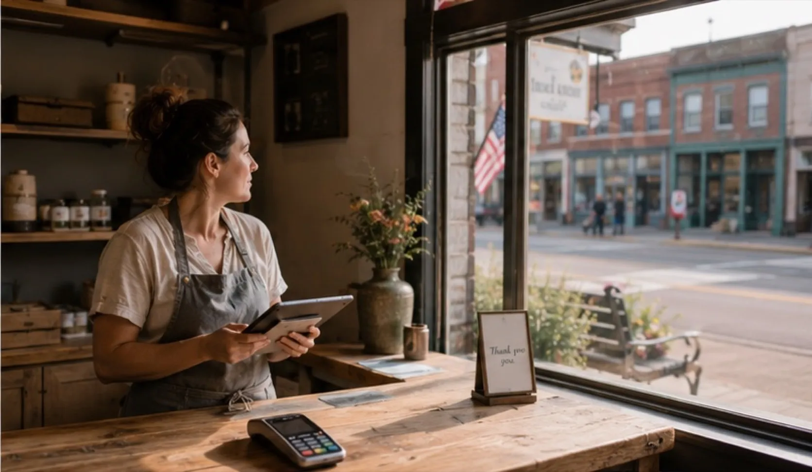 A main-street shop counter with the card reader out and the owner glancing to the street.