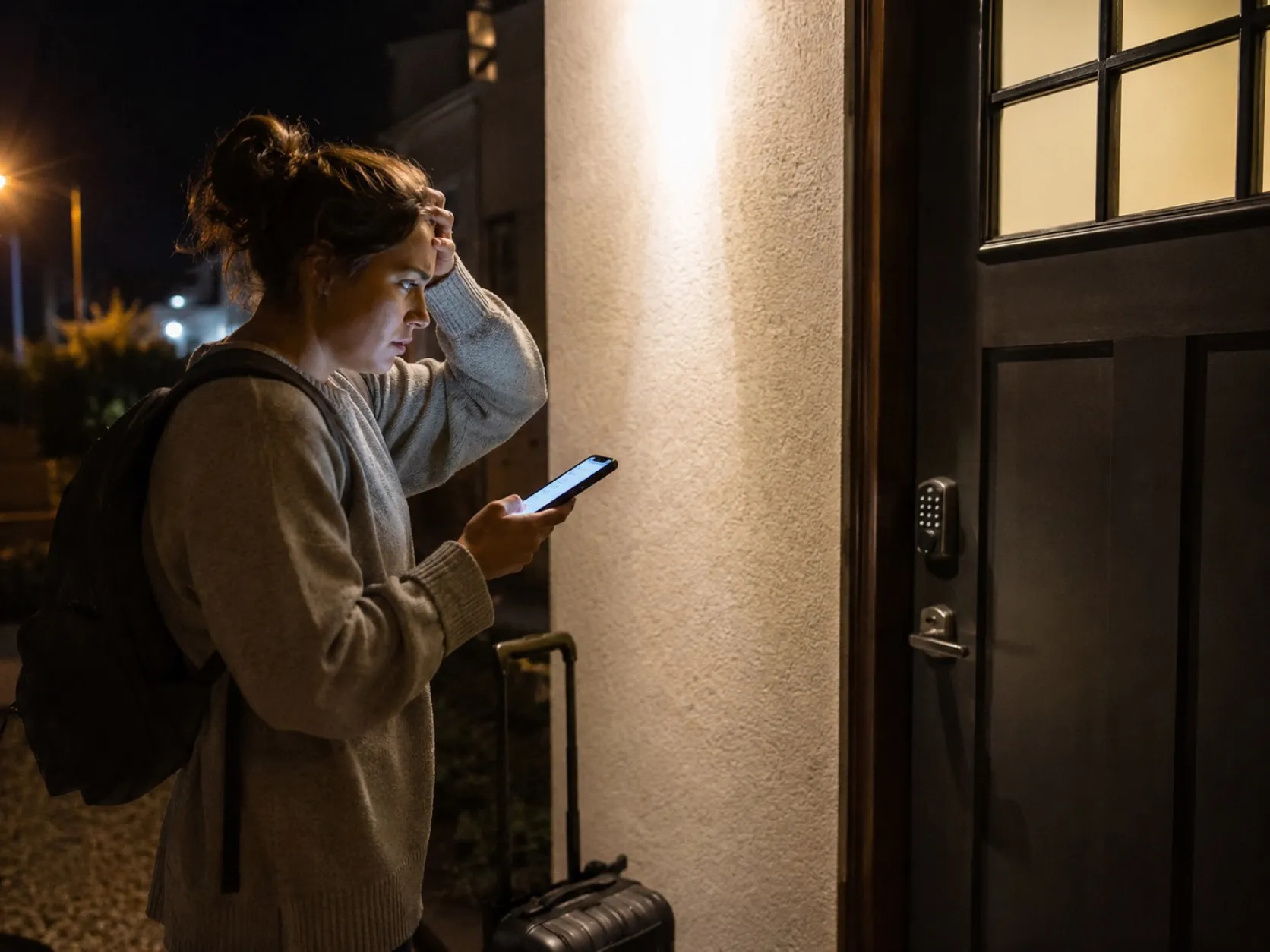 A guest at the front door at night, phone lit, keypad smart lock on the door.
