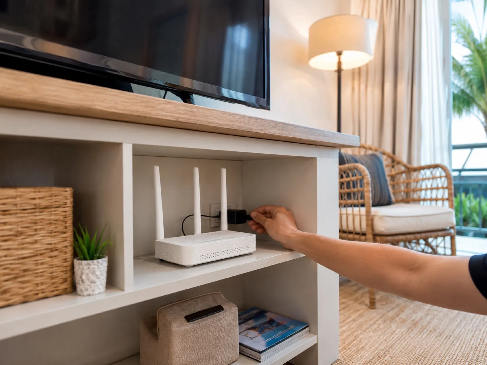 A router on a shelf under the TV, a hand reaching for the plug.