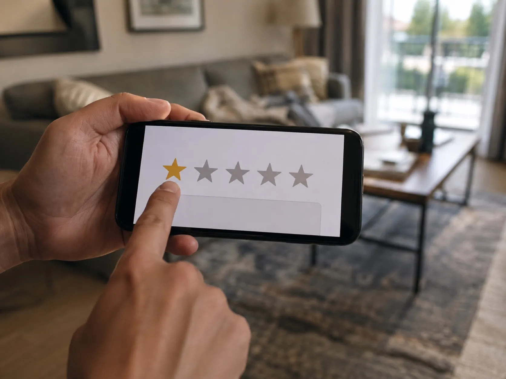A phone mid guest review, one star selected, rental living room out of focus behind.